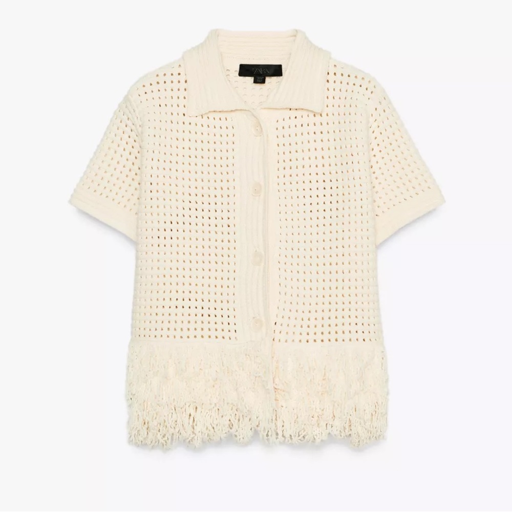 Knit Jacket with fringe Cream Short Sleeve Shirt Womens